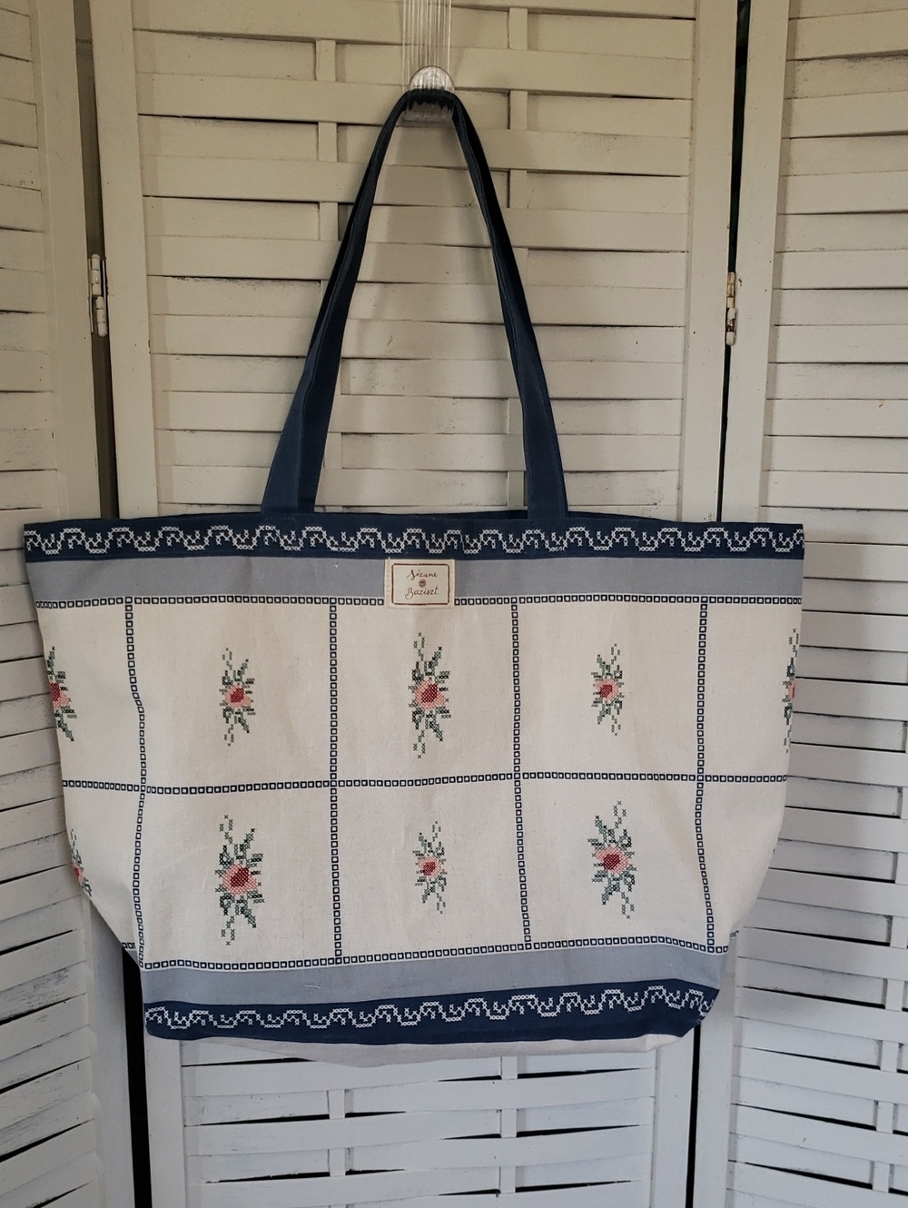 Sezane Canvas Floral Patchwork Tote Bag in Navy and Cream